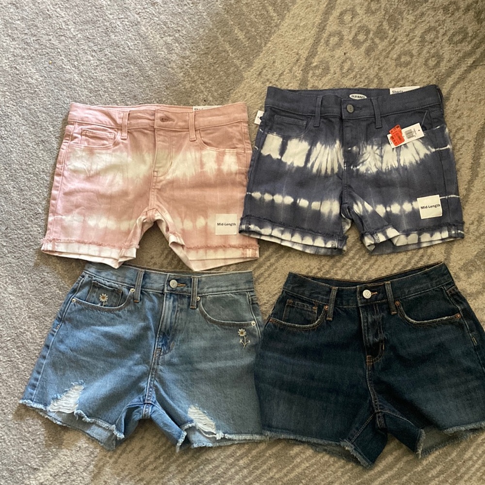 Old Navy girls shorts 12 lot 4 pair denim tie dye blue pink flower embroidery